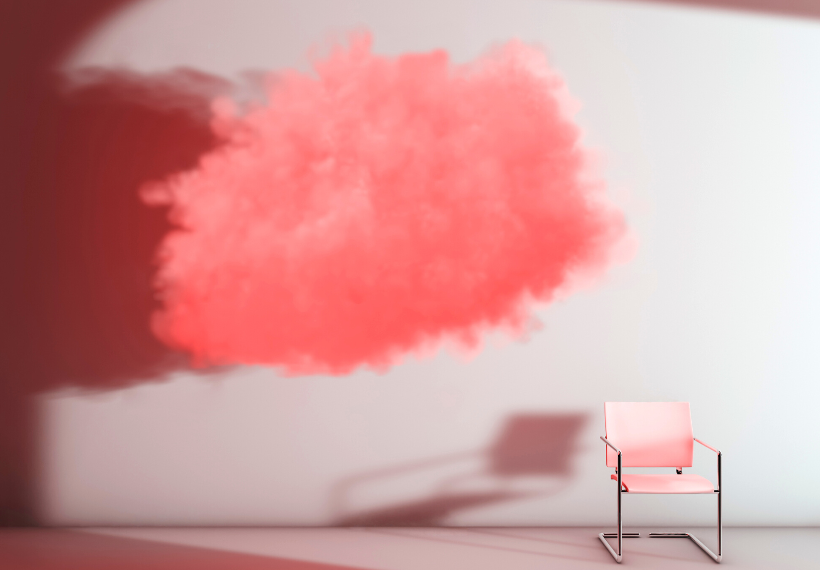Surreal concept of a pink cloud next to a chair in a room interior, 3D Illustration