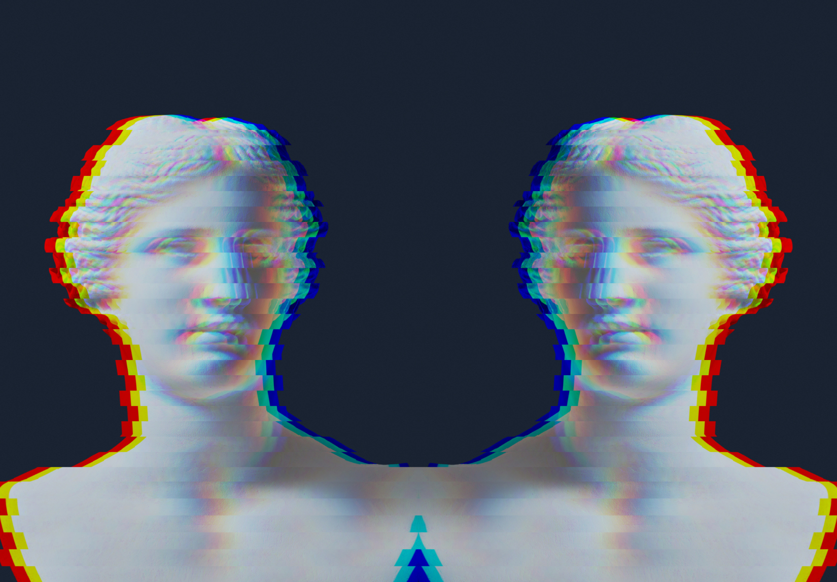 Statue of a woman's head and shoulders with a glitch effect on a black background