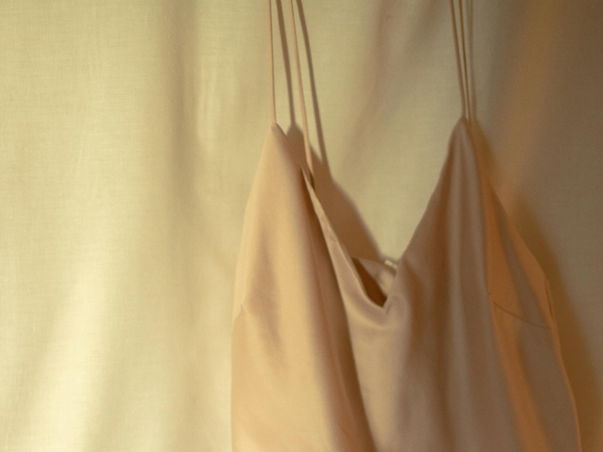 Cream colored satin nightgown draped against a white wall, a stem of small yellow flowers with green leaves in front.